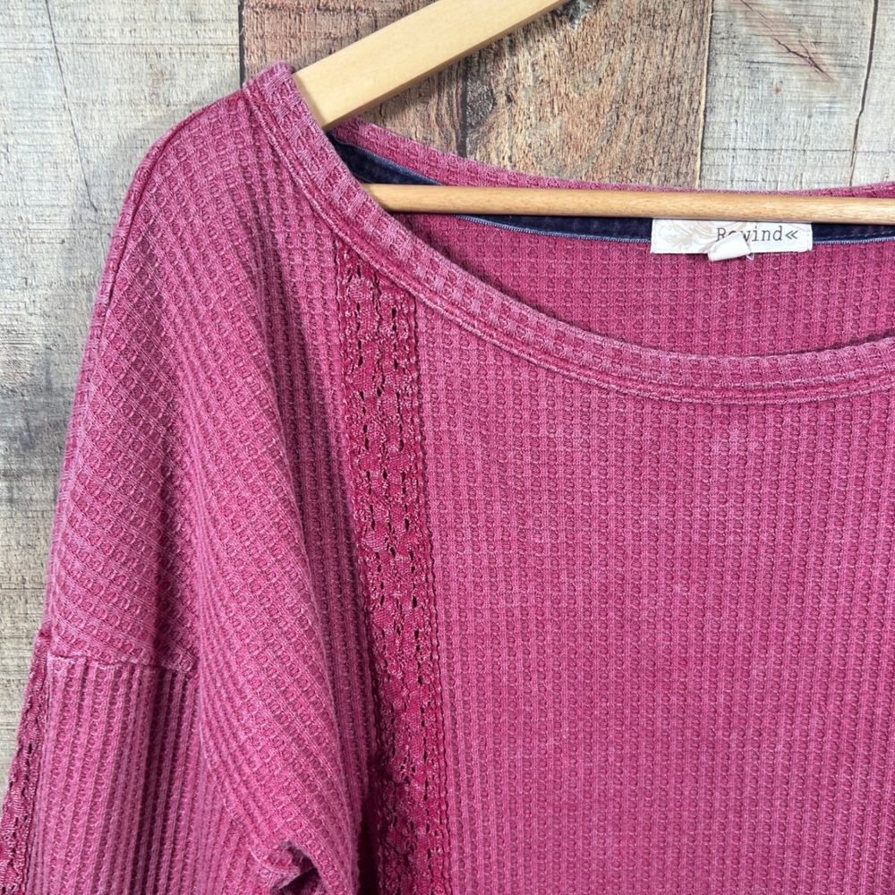 Rewind XL Waffle Knit Top Pink Lace Trim Boho Long Sleeve Oversized Mixed Media